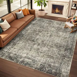 Green Living Room Rugs 9x12, Washable Low Pile Lightweight Large Area Rug Carpet Boho Vintage Distressed Soft Rugs for Bedroom with Non-Slip Backing Indoor Ultra-Thin Rug