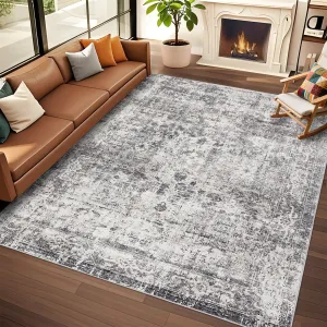 Grey Washable 5x7 Area Rugs, Soft Low Pile Large Boho Rugs for Living Room Indoor Non-Slip Carpet Vintage Distressed Rugs for Bedroom Dining Room