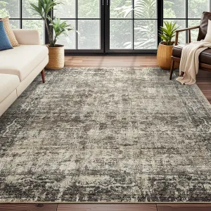 8x10 Washable Area Rug, Soft Low Pile Large Area Rug with Non-Slip Backing, Boho Vintage Distressed Rugs for Living Room Bedroom Dining Room, Brown