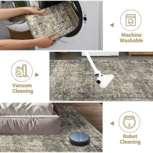 Green 6x9 Washable Area Rug, Soft Vintage Rug Traditional Low Pile Accent Rug Indoor Boho Distressed Non-Slip Carpet for Living Room Bedroom