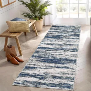 Washable Runner Rug For Hallway Non Slip 2x6 Blue/Grey Modern Abstract Design Low Pile Carpet
