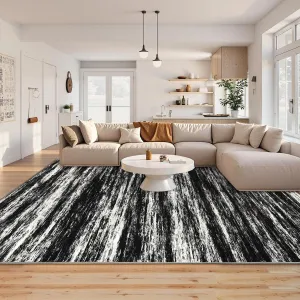 Washable Area Rug 5x7 Low Pile Ultra Soft Modern Abstract Living Room Rug Black Foldable Stain Resistant Non Slip Carpet
