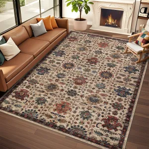 Area Rug 5x7 Washable, Soft Vintage Non-Slip Rug for Living Room Boho Low Pile Large Bedroom Rug, Farmhouse Indoor Floor Carpet Rugs for Dining Room Bedroom, Beige
