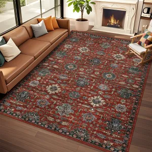 Living Room Rug 6x9, Soft Vintage Washable Area Rug Boho Low Pile Non-Slip Large Rug Farmhouse Indoor Floor Carpet for Living Room Bedroom Dining Room, Red