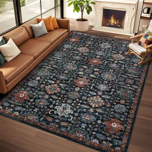 10x13 Rugs for Living Room Washable, Soft Vintage Large Bedroom Rug Boho Low Pile Non-Slip Area Rugs Farmhouse Indoor Floor Carpet for Bedroom Dining Room, Blue