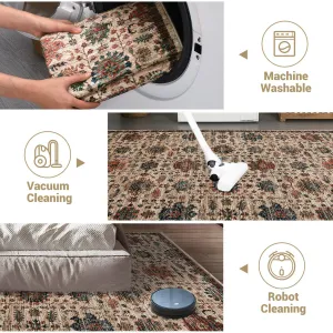 Living Room Rug 6x9, Soft Vintage Washable Area Rug Boho Low Pile Non-Slip Large Rug Farmhouse Indoor Floor Carpet for Living Room Bedroom Dining Room, Beige