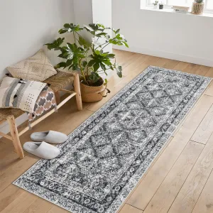 2'x6' Washable Area Rugs, Vintage Boho Non-Slip Low Pile Rug for Living Room, Office, Kids Room, Gray