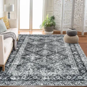 9'x12' Washable Area Rugs, Vintage Boho Non-Slip Low Pile Rug for Living Room, Office, Kids Room, Gray