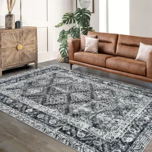 5'x7' Washable Area Rugs, Vintage Boho Low Pile Non-Slip Rug for Living Room, Office, Dining Room, Kids Room, Gray