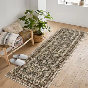 2'x6' Washable Area Rugs, Vintage Boho Low Pile Non-Slip Rug for Living Room, Office, Kids Room, Brown