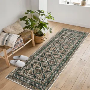 2'x6' Washable Area Rugs, Durable Low Pile Non-Slip, Vintage Boho Style for Living Room, Office, Kids Room, Green