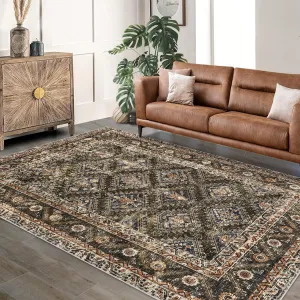 5'x7' Washable Area Rugs, Vintage Boho Low Pile Non-Slip Brown for Living Room Office Dining Room Kids Room Farmhouse