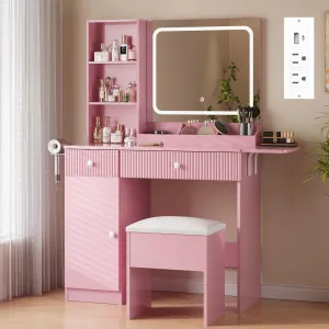 Vanity Desk with Mirror and Lights, Makeup Vanity Power Outlets Makeup Table with Drawers & Cabinet, Storage Stool, Adjustable Brightness Dressing Table for Bedroom, Pink