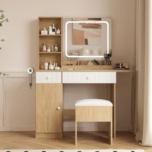 Vanity Desk with Mirror and Lights, Natural Makeup Vanity with Charging Station, Dressing Table Set with Storage Chair, Drawer Shelves, and Foldable Panel for Compact Space Bedroom, Natural