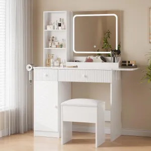Vanity Desk with Mirror and Lights, White Makeup Vanity with Charging Station, Dressing Table Set with Storage Chair, Drawer Shelves, and Foldable Panel for Compact Space Bedroom, White