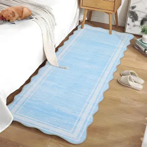 Washable 2x6 Runner Rug Scalloped Non-Slip Low Pile Floor Mat for Entryway Kitchen Bathroom Baby Blue