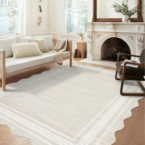 Modern Cream White 10x13 Large Washable Scalloped Area Rug Low-Pile Non-Slip Soft Durable Polypropylene Modern Bordered Living Room Dining Nursery