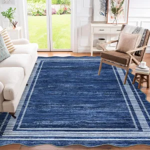 Modern Navy Blue 5x7 Scalloped Washable Area Rugs for Living Room, Modern Bordered Solid Rug for Bedroom, Abstract Scalloped Non-Slip Stain Resistant Carpet for Dining Room Home Office Dorm