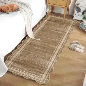 Modern Camel 2x6 Washable Runner Rug with Scalloped Edges, Non-Slip Backing, Low-Pile Soft Carpet, Durable Machine-Woven Fibers, for Hallway Entryway