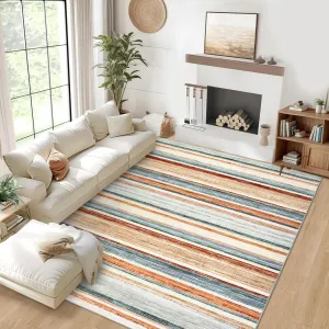 Large Living Room Rug Green Multi 10x13 Washable Modern Strip Area Rug with Non-Slip Backing, Stain-Resistant Contemporary Floor Cover, Soft Low Pile Accent Carpet for Bedroom