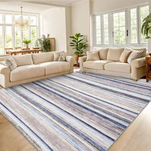 Large Area Rug 9x12 Washable Modern Strip Living Room Rug with Non-Slip Backing, Soft Low Pile Floor Cover, Stain-Resistant Contemporary Indoor Mat for Bedroom, Blue