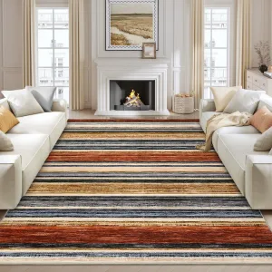 Large Living Room Rug 10x13 Washable Modern Strip Area Rug with Non-Slip Backing, Stain-Resistant Contemporary Floor Cover, Soft Low Pile Accent Carpet for Bedroom, Colorful