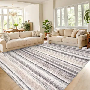 Large Area Rug 9x12 Washable Modern Strip Living Room Rug with Non-Slip Backing, Soft Low Pile Floor Cover, Stain-Resistant Contemporary Indoor Mat for Bedroom, Camel