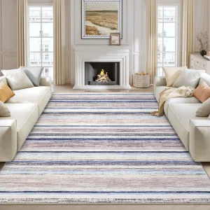 Large Living Room Rug 10x13 Washable Modern Strip Area Rug with Non-Slip Backing, Stain-Resistant Contemporary Floor Cover, Soft Low Pile Accent Carpet for Bedroom, Blue Camel