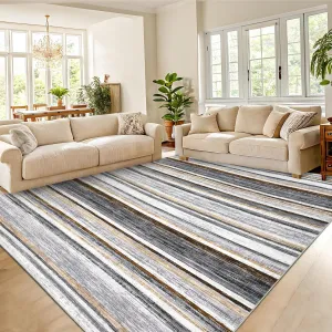Area Rug 6x9 Washable Modern Strip Accent Carpet with Non-Slip Backing, Soft Low Pile Floor Cover, Stain-Resistant Contemporary Throw Rug for Bedroom, Office, Grey Brown