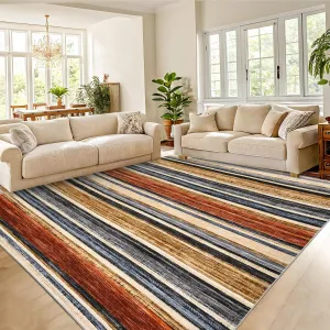 Large Area Rug 9x12 Washable Modern Strip Living Room Rug with Non-Slip Backing, Soft Low Pile Floor Cover, Stain-Resistant Contemporary Indoor Mat for Bedroom, Colorful