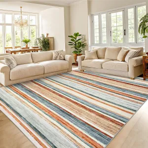 Large Area Rug Green Multi 9x12 Washable Modern Strip Living Room Rug with Non-Slip Backing, Soft Low Pile Floor Cover, Stain-Resistant Contemporary Indoor Mat for Bedroom