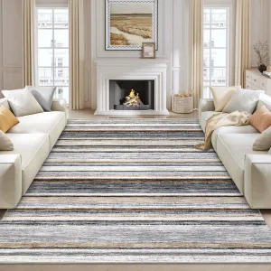 Washable Living Room Rug 8x10 Large Modern Strip Accent Carpet with Non-Slip Backing, Soft Low Pile Area Rug, Stain-Resistant Contemporary Floor Mat for Dining Room, Grey Brown