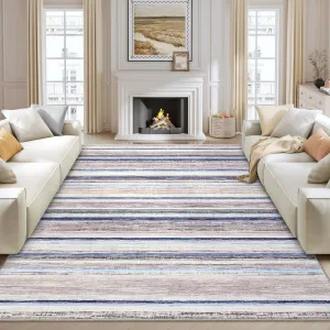 Washable Living Room Rug 8x10 Large Modern Strip Accent Carpet with Non-Slip Backing, Soft Low Pile Area Rug, Stain-Resistant Contemporary Floor Mat for Dining Room, Blue Camel