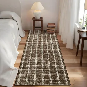 Plaid Tan 2x6 Runner Rug Washable Non Slip Kitchen Rugs Geometric Checkered Print Indoor Modern