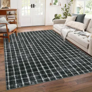 Living Room Rugs 8x10 Large Farmhouse Floor Carpet, Ultra-Soft Low Pile, Non-Shedding, Machine Washable, Black