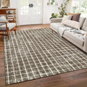 Living Room Rugs 8x10 Farmhouse Plaid Carpet, Ultra-Soft Low Pile, Non-Shedding, Polyester Fiber, Machine Washable, Non-Slip TPR Backing, Dining Room & Office