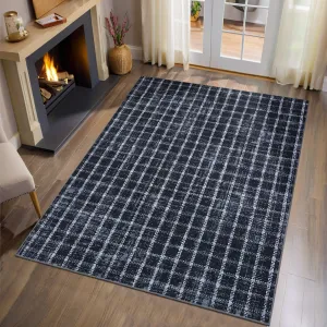 Area Rug 4x6 Washable Blue Plaid Soft Modern Indoor Rug with Non Slip Backing Low Pile Thin Foldable Accent for Living Room Bedroom Nursery