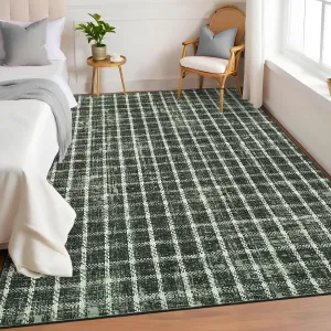 Green 9x12 Washable Non Slip Checkered Geometric Area Rug for Living Room Bedroom Dining Room Nursery Office Ultra Thin Low Pile