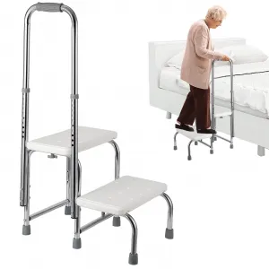 Step Stool with Handle for Seniors, Supports Up to 450lbs, Adjustable Height Handrail 2 Steps Medical Foot Stool, Step Ladder Bed Stairs for Elderly, Handicap & Disabled