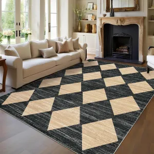 Plaid Black Beige 8x10 Distressed Trellis Rug Non-Slip Soft Polyester Low Pile Washable Checkered Pattern Living Room Bedroom Nursery