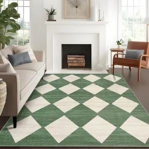 Plaid Green 5x7 Checkered Area Rugs, Washable, Non-Slip Rubber Backing, Soft Faux Wool, Stain-Resistant, Durable Edges, Living Room Bedroom Kitchen