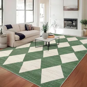 Plaid Green 8x10 Washable Checkered Rug - Non Slip, Soft Polyester - Distressed Trellis Pattern, TPR Backing - Bedroom, Living Room, Office