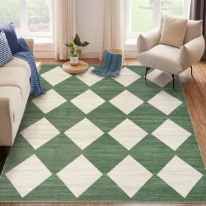 Plaid Green 10x13 Checkered Area Rug  Non-Slip Soft Low Pile Polyester Machine Washable Durable Rubber Backing Living Room Bedroom Dining Room