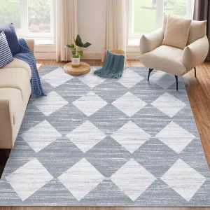Plaid Grey 10x13 Living Room Rug Washable Large Modern Geometric Accent Carpet with Non-Slip Backing Soft Low Pile 100% Polyester Grey Bedroom Dining Room