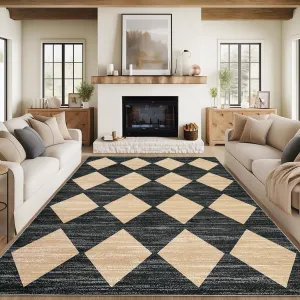 Plaid Black Beige 9x12 Modern Machine Washable Area Rug - Non-Slip, Stain-Resistant - Plush Soft Material - No Shedding, Easy Clean Kids Room, Living Room