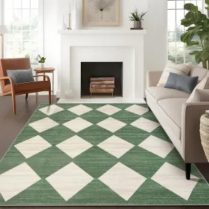 Plaid Green 9x12 Washable Checkered Area Rug Non-Slip Soft Low Pile Trellis Design Green Living Room Bedroom