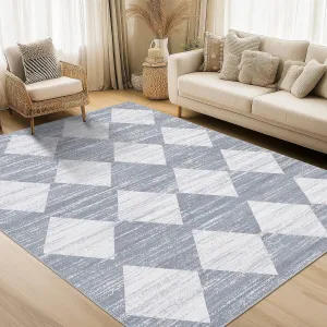 Plaid Grey 9x12 Distressed Trellis Checkered Area Rug - Soft Faux Wool, Stain Resistant, Non-Slip TPR Backing, Living Room Bedroom Office