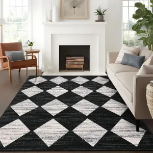 Plaid Black 10x13 Washable Trellis Area Rug Low Pile Non-Slip Soft Vintage Checkered Indoor Living Room Bedroom Dining