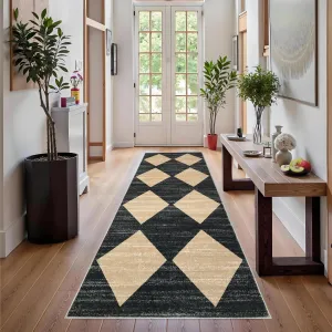 Plaid Black Beige 2x6 Washable Checkered Rug Runner Non-Slip Low Pile Soft Trellis Distressed Hallway Kitchen Bedroom
