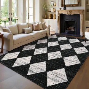 Plaid Black 8x10 Checkered Area Rug Machine Washable Non-Slip Soft Low Pile 100% Polyester Durable Rubber Backing Living Room Bedroom